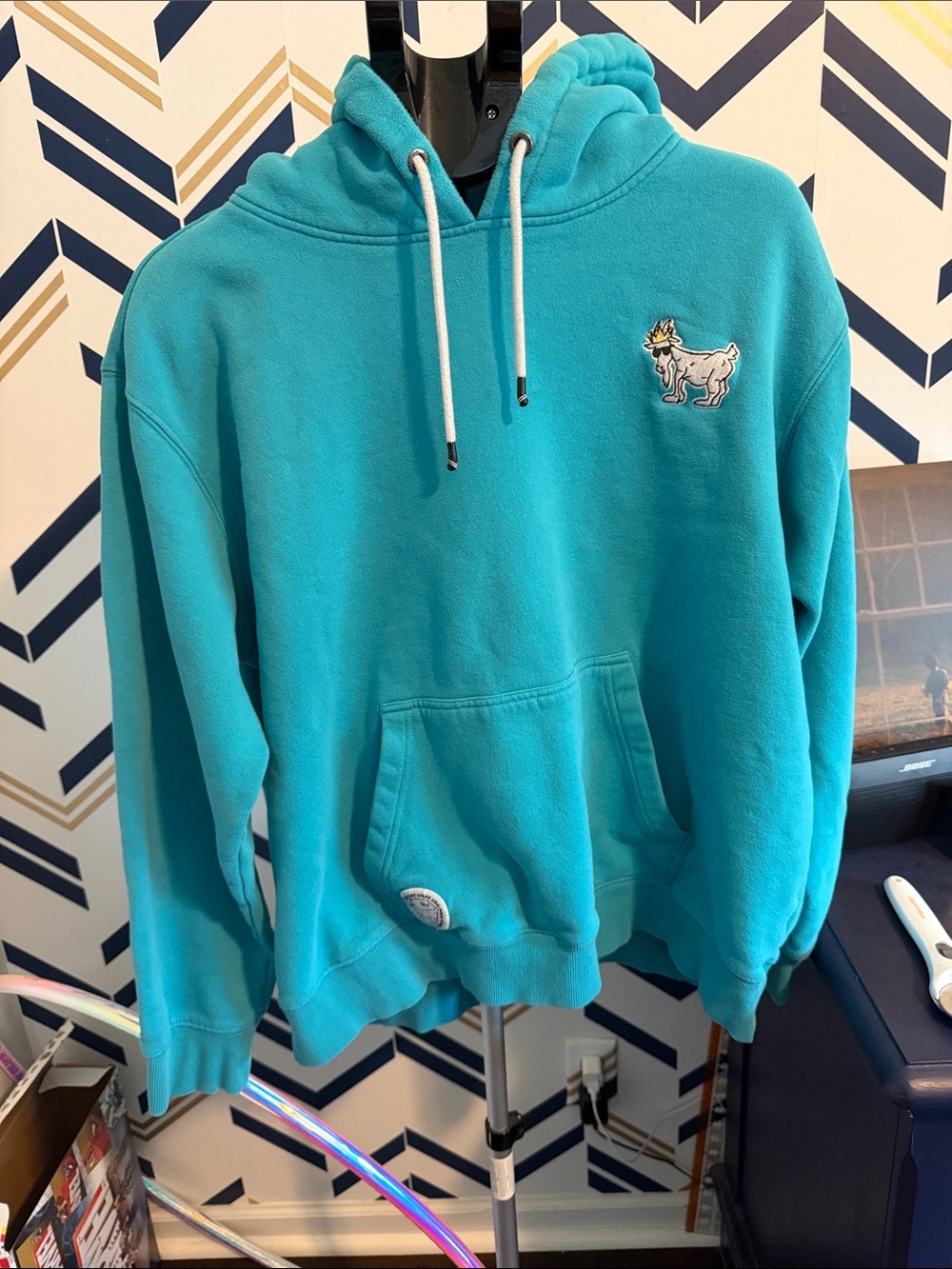 Men's Crewneck Hoodie Sweatshirt in Teal with Goat Patch
